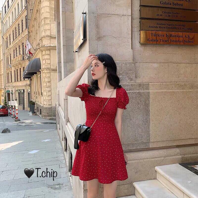 Đầm váy von chấm bi tiểu thư mặc 2 kiểu