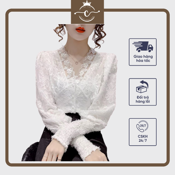 Sp23 áo ren trắng áo ren nữ cổ đan chéo hoa in nổi cao cấp chất ren mềm