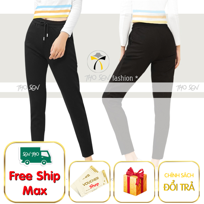Quần jogger nữ kiểu trơn basic dáng dài, cạp chun, vải co giãn tốt, dày dặn, màu đen đơn giản