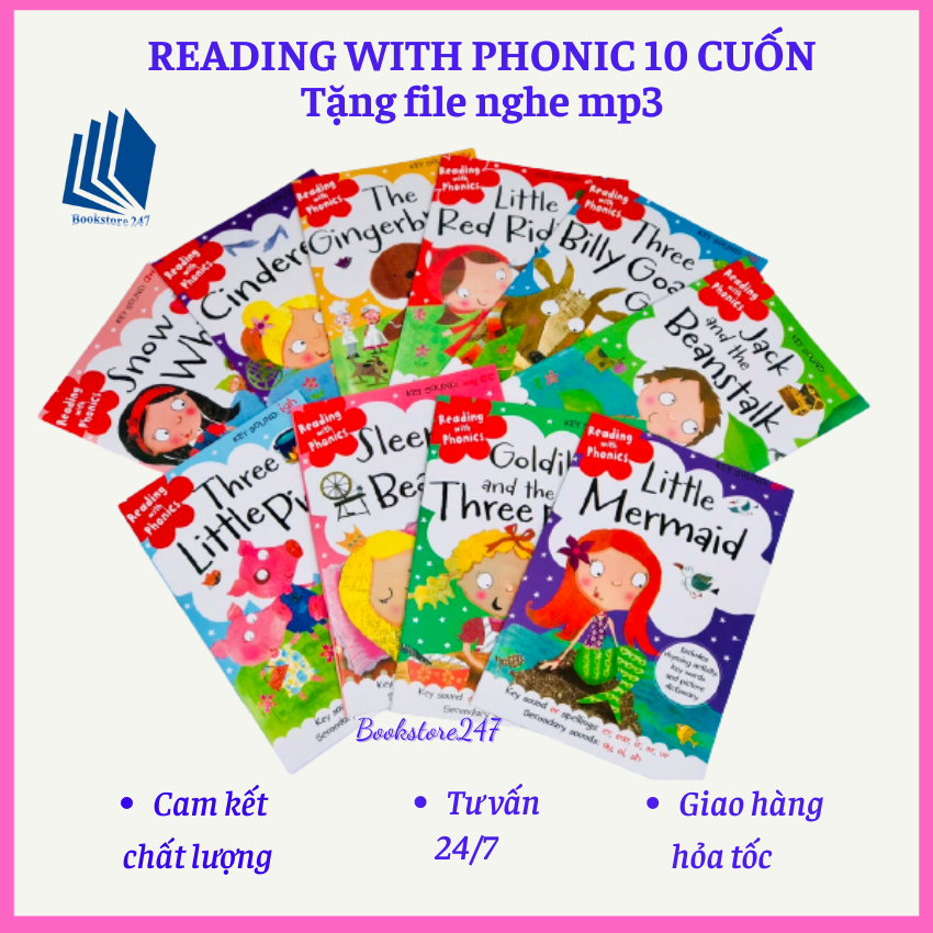 SÁCH - Reading with phonics bộ 10 cuốn A5, in màu offset giấy bóng, tặng file mp3
