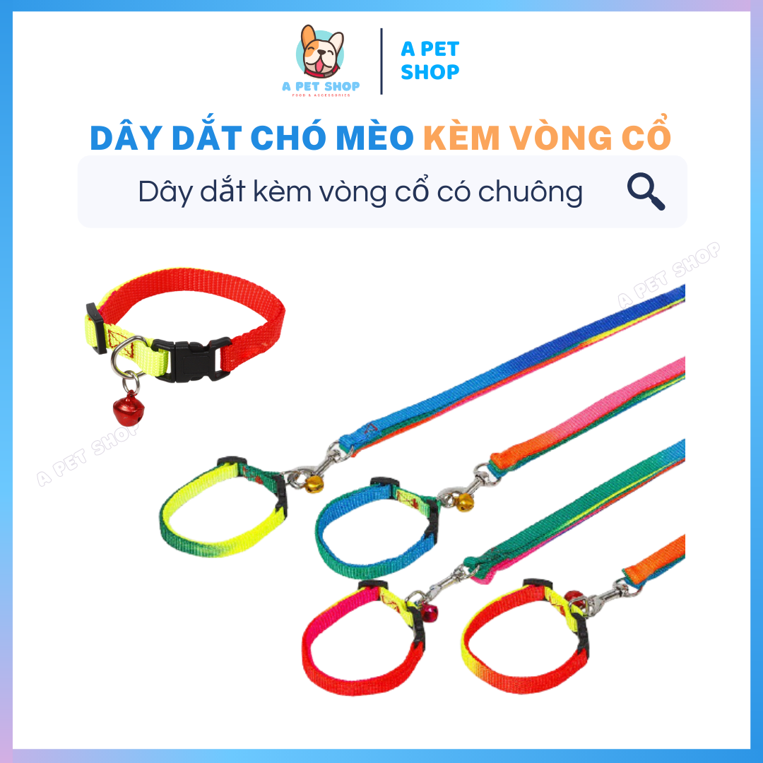 Dây dắt chó mèo kèm vòng cổ có chuông màu cầu vồng - Vòng cổ cho chó mèo có chuông lục lạc a pet shop