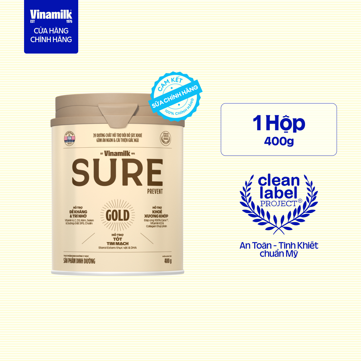   Có thể nhận Bao bì Cũ Mới  Hộp Sữa bột cho người lớn tuổi Vinamilk Sure Prevent Gold Hộp thiếc 400g - Sữa bổ sung dinh dưỡng và tăng cường sức khỏe 