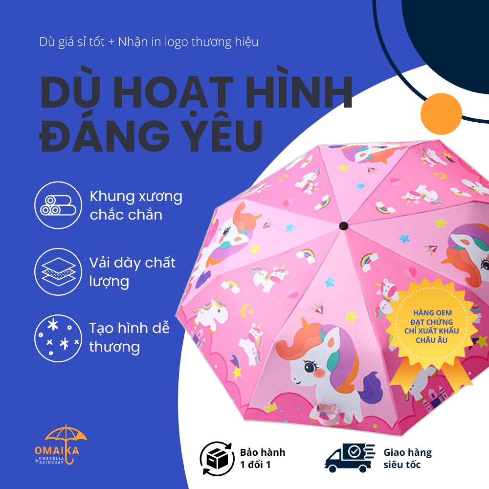 Ô dù gấp gọn omaika che nắng che mưa chống tia uv hoạ tiết hoạt hình dành cho bé