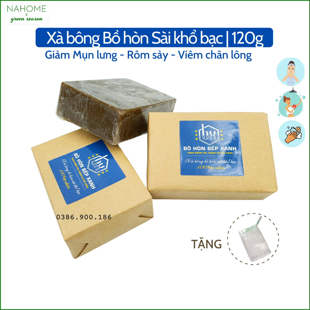 Xà phòng Bồ hòn Sài Khổ Bạc giảm mụn lưng, rôm sảy, mẩn ngứa, viêm nang lông, mùi bạc hà, dùng cho cả em bé và người dị ứng cơ địa, dạng bánh 120gr - Xà bông Bồ hòn bếp xanh hoàn toàn từ thiên nhiên, an toàn tuyệt đối Nahome