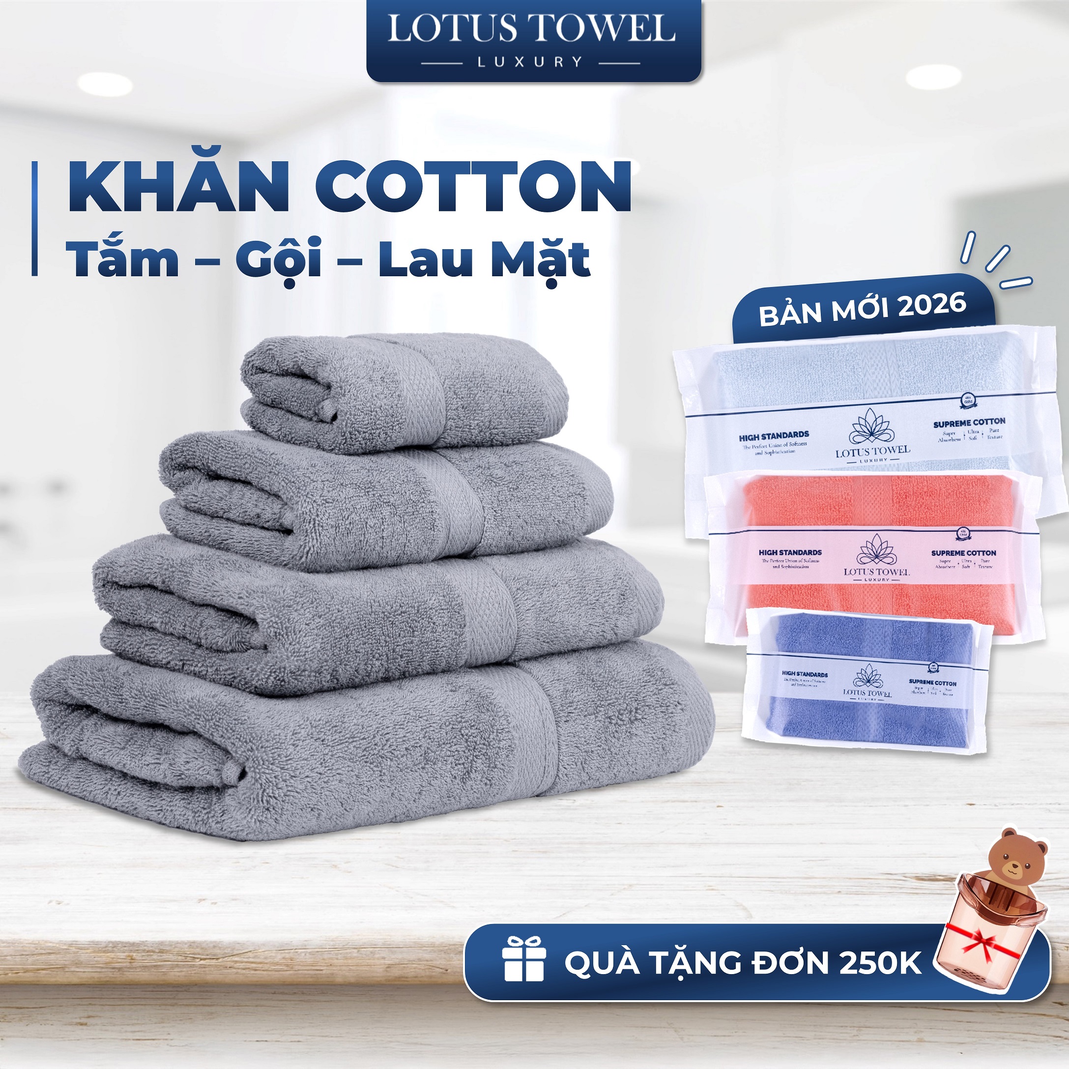  Khăn Tắm Gội Lau Mặt Châu Âu LOTUS 100% Cotton Mềm Mịn Thấm Hút Không Phai Màu 
