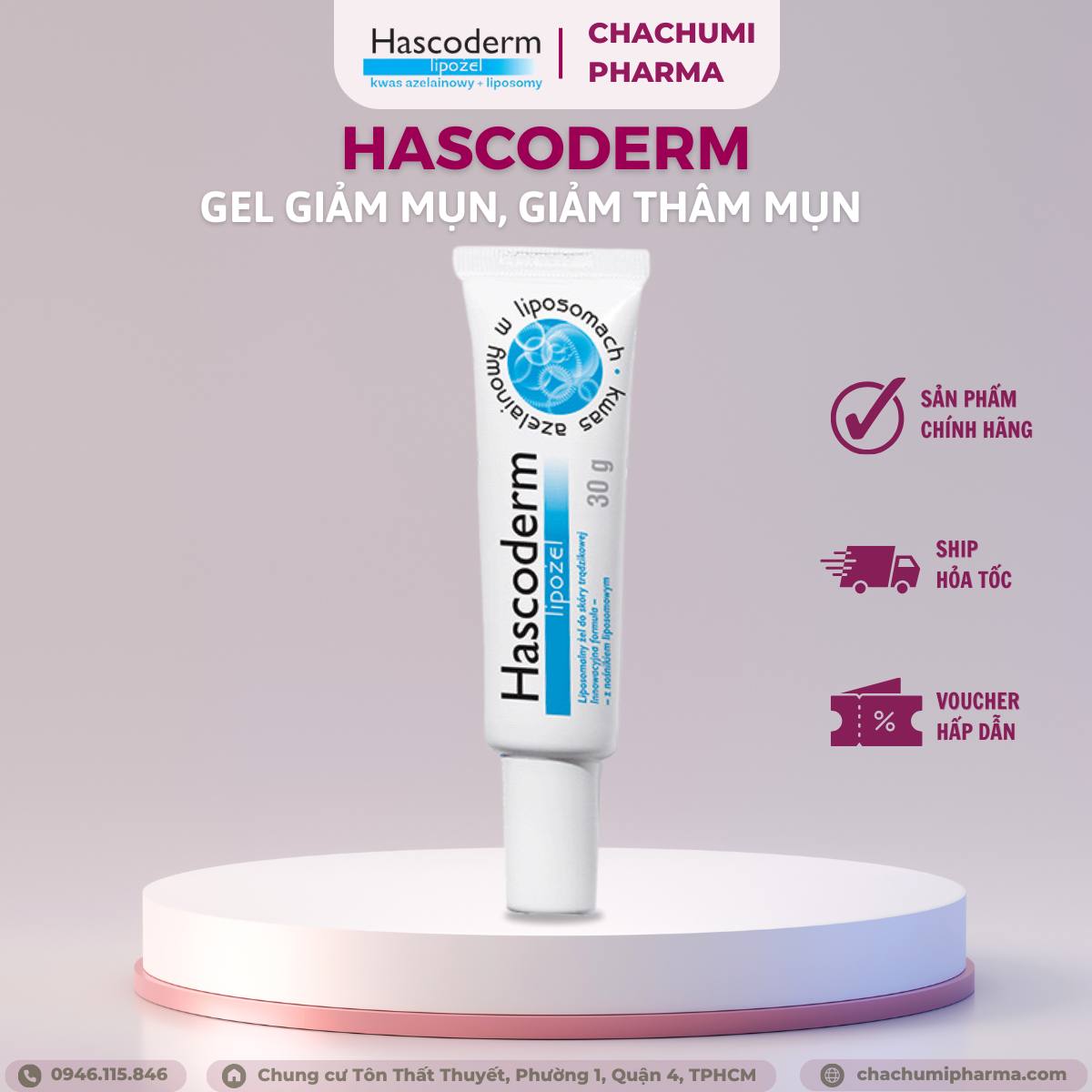Gel chấm mụn Hascoderm Azelaic acid giảm mụn, giảm thâm, mụn đầu đen 30g