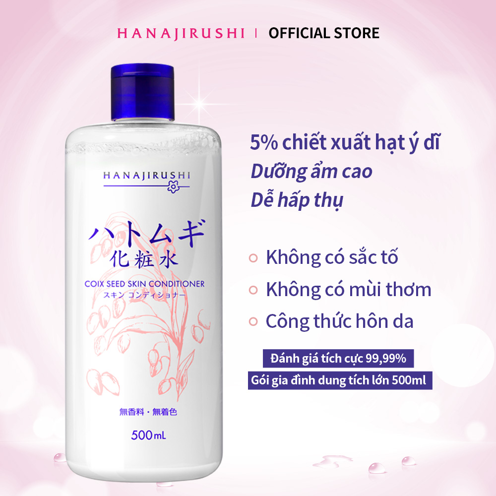 Nước hoa hồng dưỡng ẩm trắng da HANAJIRUSHI Nhật Bản chiết xuất tinh chất hạt ý dĩ (Hatomugi) dung tích 500ml mềm mịn cấp ẩm chuyên sâu - INTL