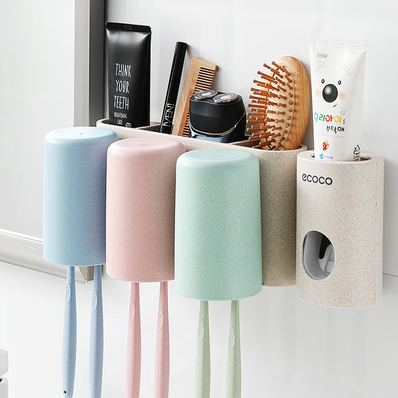 Combo kệ 3 cốc đựng bàn chải và kèm nhả kem đánh răng cao cấp ecoco