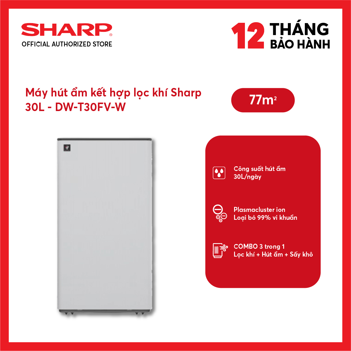 Máy lọc không khí và hút ẩm Sharp DW-T30FV-W (77m²/30lít)