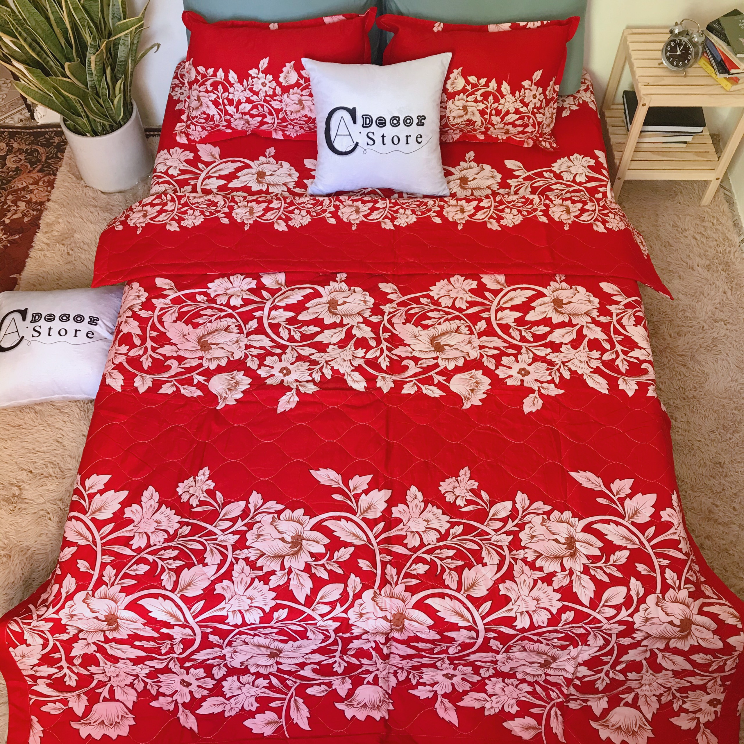 Bộ Chăn Ga Gối Cotton Poly - Hoa Dây Đỏ , Chất Liệu Bền Đẹp Nhiều Kích Thước , CA Bedding - Decor