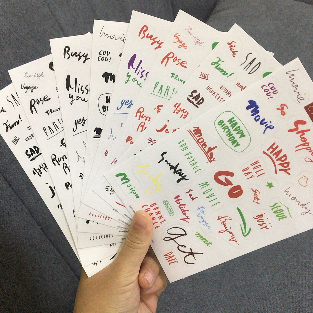 R0025 Bộ 8 Tờ Sticker Chữ Cách Điệu Trang Trí Hot Bukao