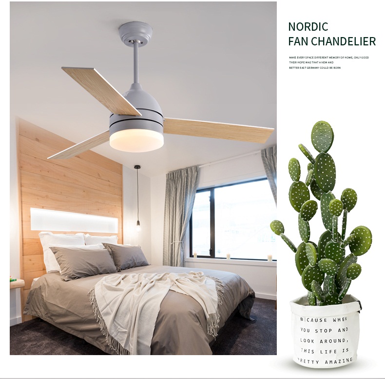 Đèn Quạt trần phòng ngủ phong cách Bắc Âu [3 cánh gỗ 42, Bóng đèn led, Xám] XH-668CX