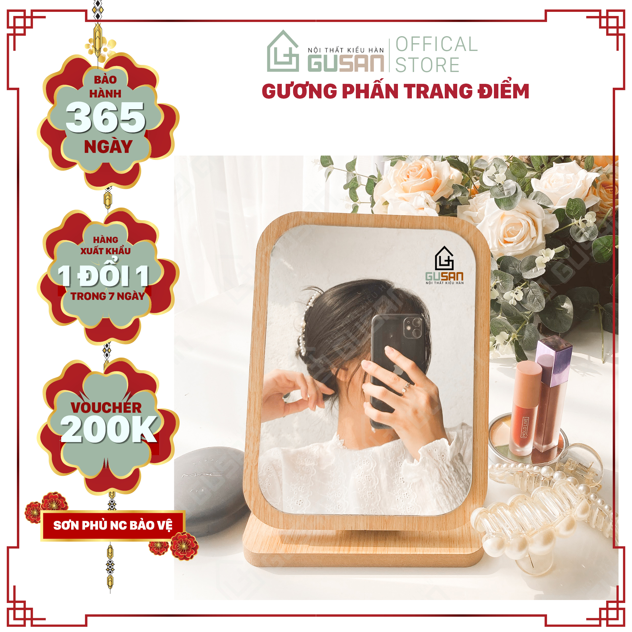 [HCM]Gương để bàn trang điểm khung gỗ GUSAN gương bàn phấn mini cầm tay dễ dàng mang đi có thể gập tiện lợi không có đèn