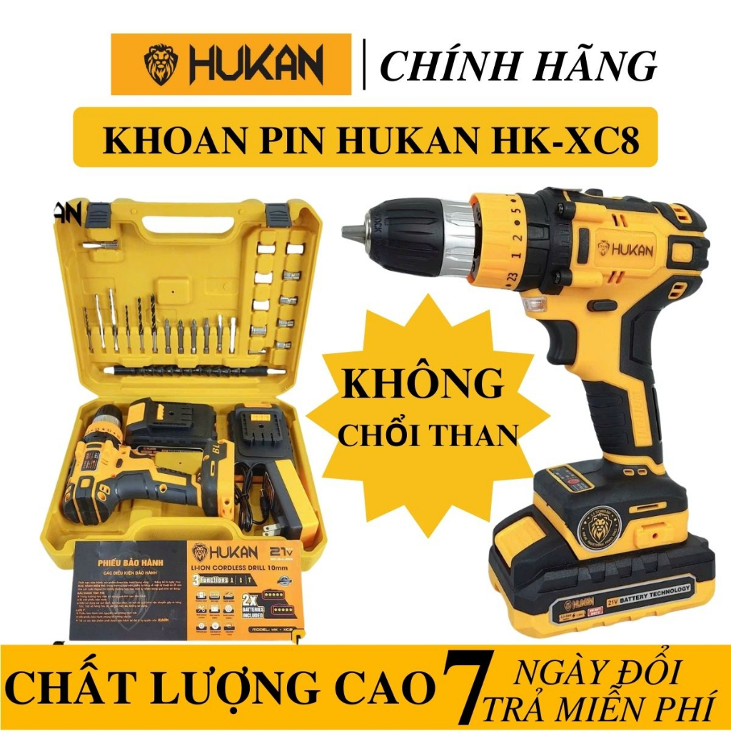 Máy khoan pin Hukan HK-XC8 - 3 chức năng -  không chổi than - Khoan pin 10mm đầy đủ phụ kiện bảo hàn