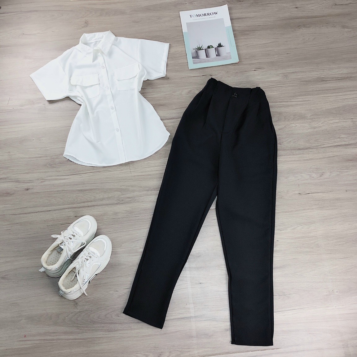 Set bộ áo sơ mi tay ngắn có túi + quần baggy đen xếp li TU