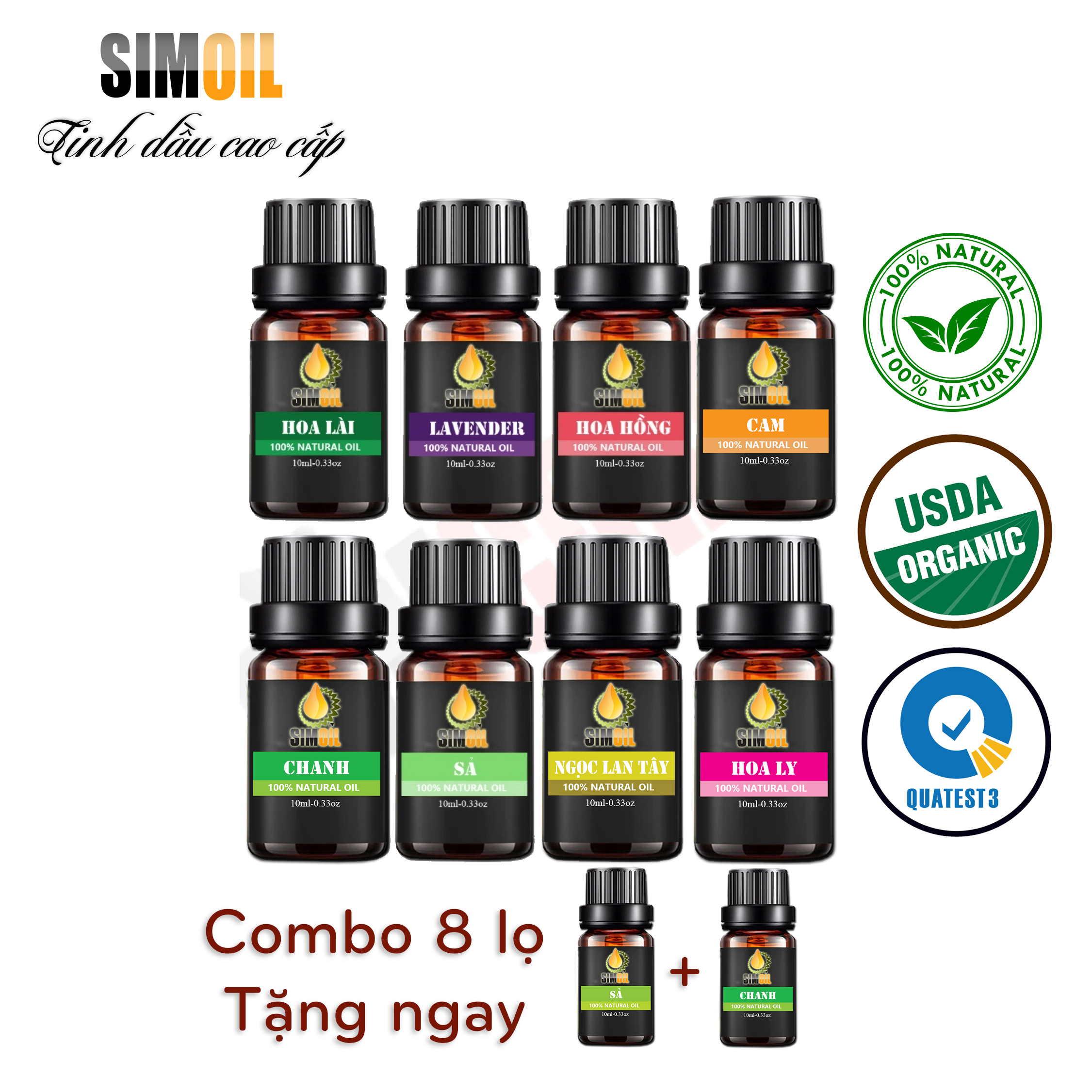 [Mua 8 tặng 2] Combo 8 lọ 10ml Tinh dầu thơm phòng cao cấp: tinh dầu Sả, Chanh, Lavender, Lài, Cam, Hoa Hồng, Ngọc Lan Tây, Hoa Ly cao cấp dùng cho máy xông tinh dầu, máy khuếch tán tinh dầu, nến xông, đuổi muỗi, khử mùi hiệu quả