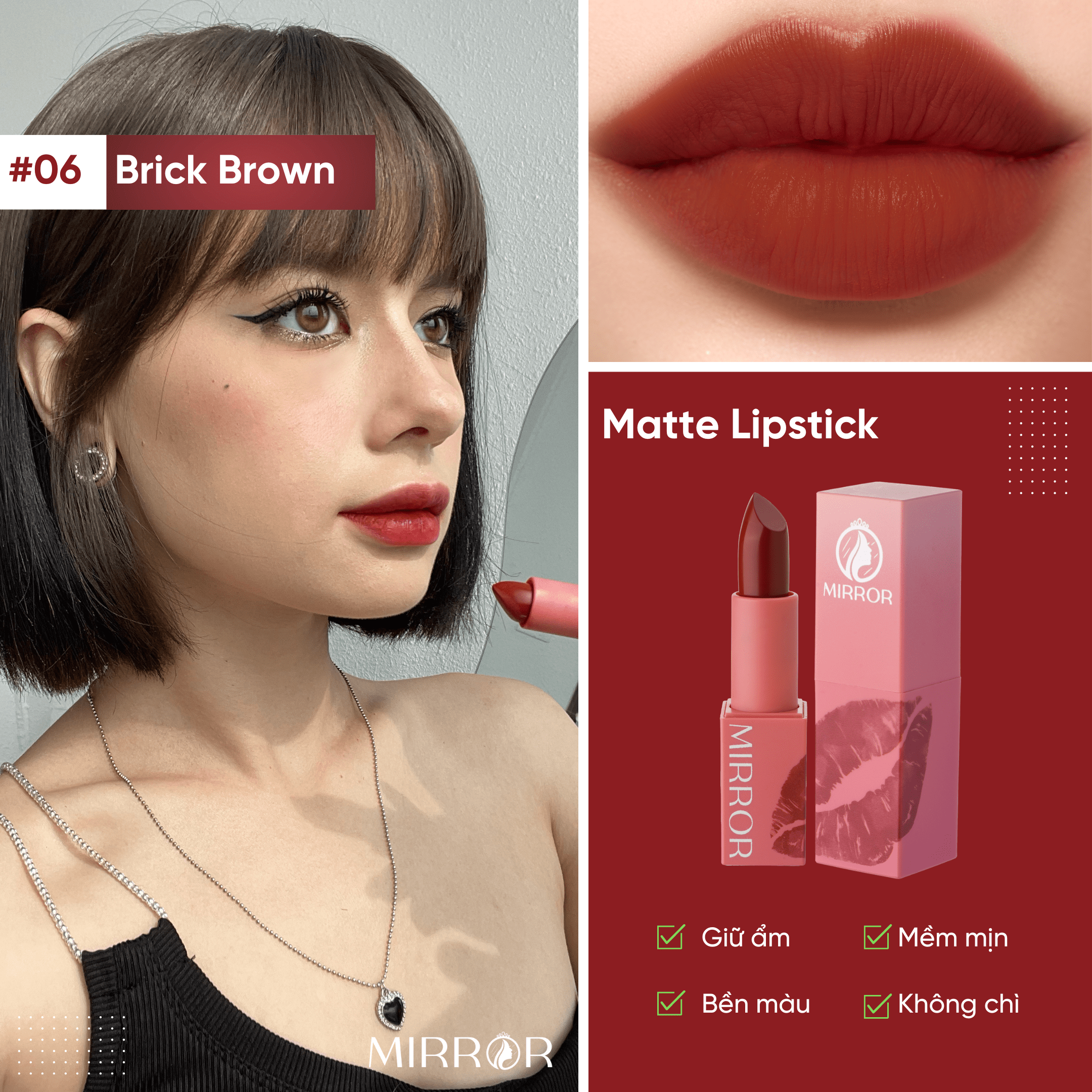 Son thỏi lì MIRROR Matte Lipstick 4g - Son môi lì mềm mịn, lâu trôi, không chì, dưỡng ẩm môi (6 màu)