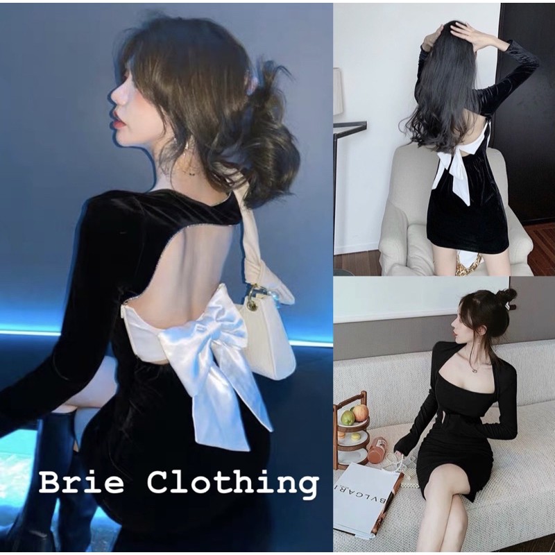 144 - đầm nhung đen cổ vuông phối cột nơ lưng trắng