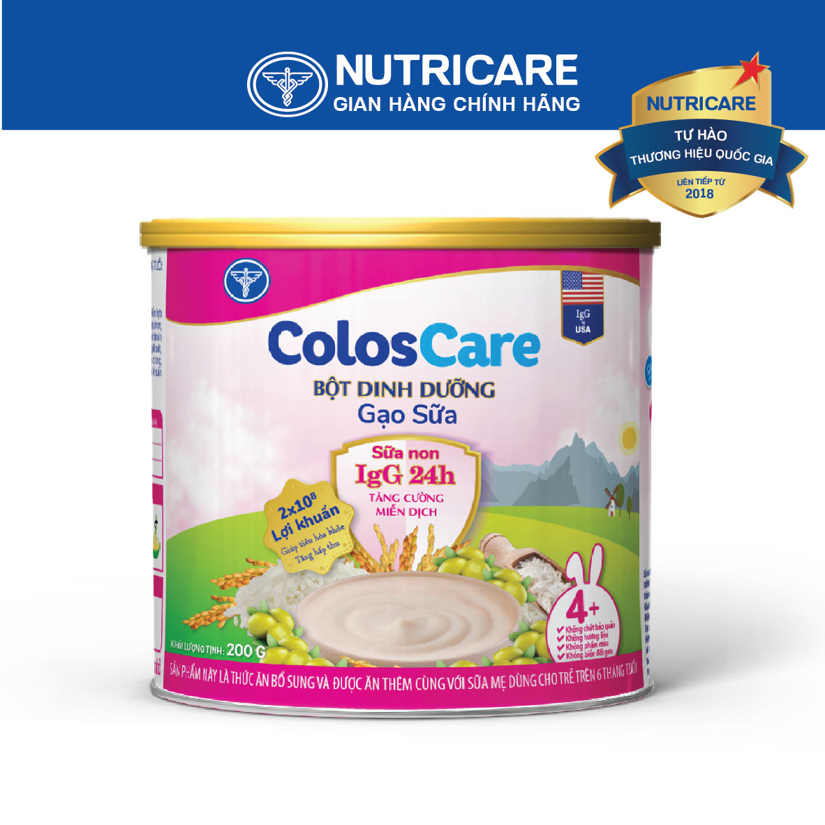 Bột ăn dặm Nutricare Coloscare Gạo sữa, sữa non IgG 24h 200g