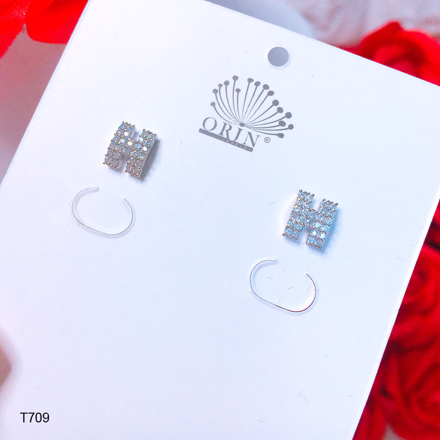 Bông tai bạc nữ bông tai chữ H đính đá thiết kế cao cấp Orin T709 - Long Tien