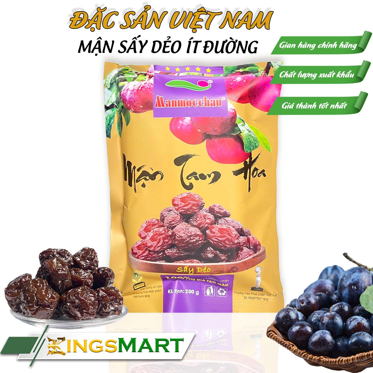 Mận sấy dẻo nguyên hạt - thương hiệu mận mộc châu - đặc sản sơn la - túi 200g - kingsmart