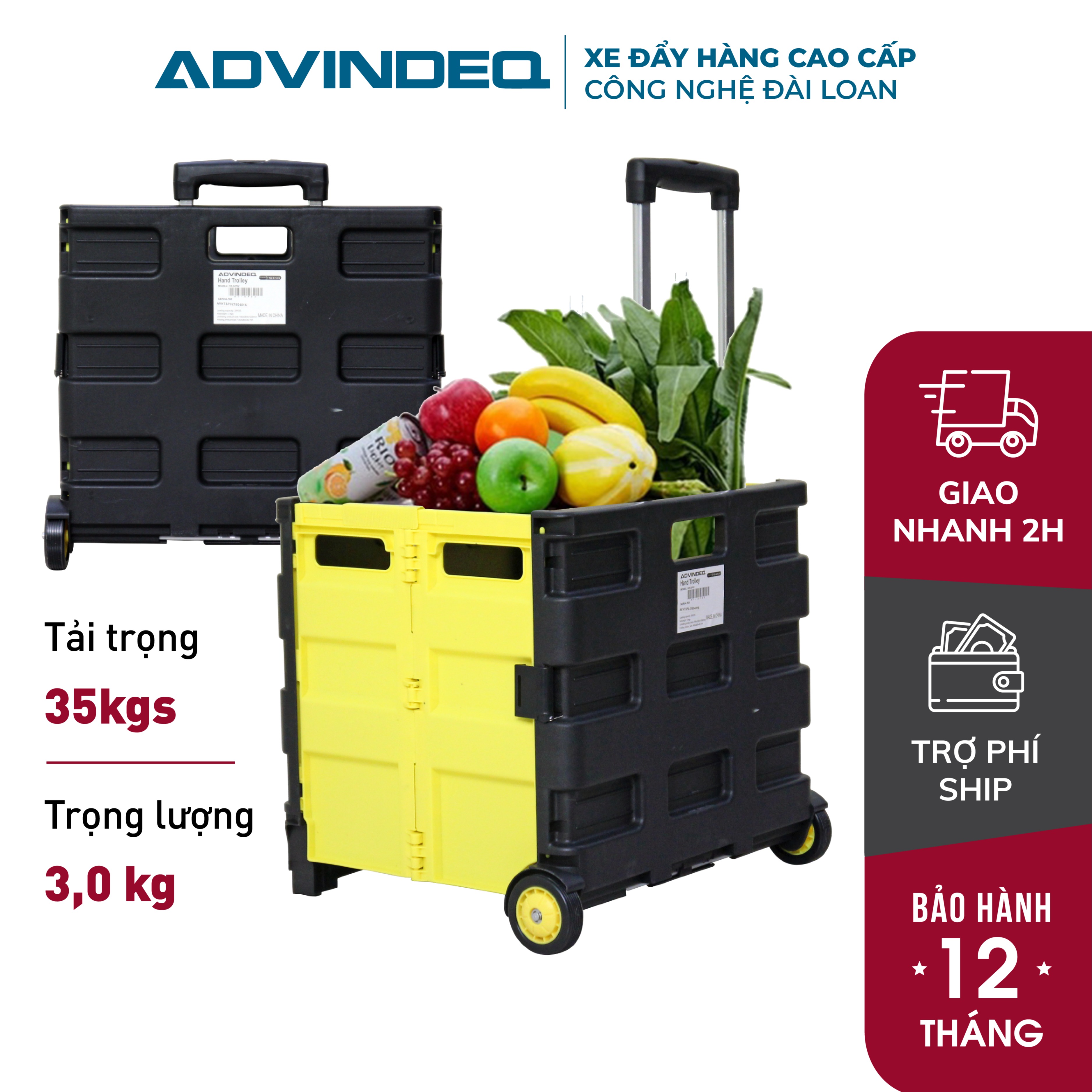 Xe kéo đi chợ siêu thị siêu gấp gọn chở 40kg nhập khẩu Advindeq HT-SP02, xe đẩy hàng xếp gọn đa năng thùng kéo vali 65 Lít xách tay siêu gọn - Chính hãng bảo hành 1 năm