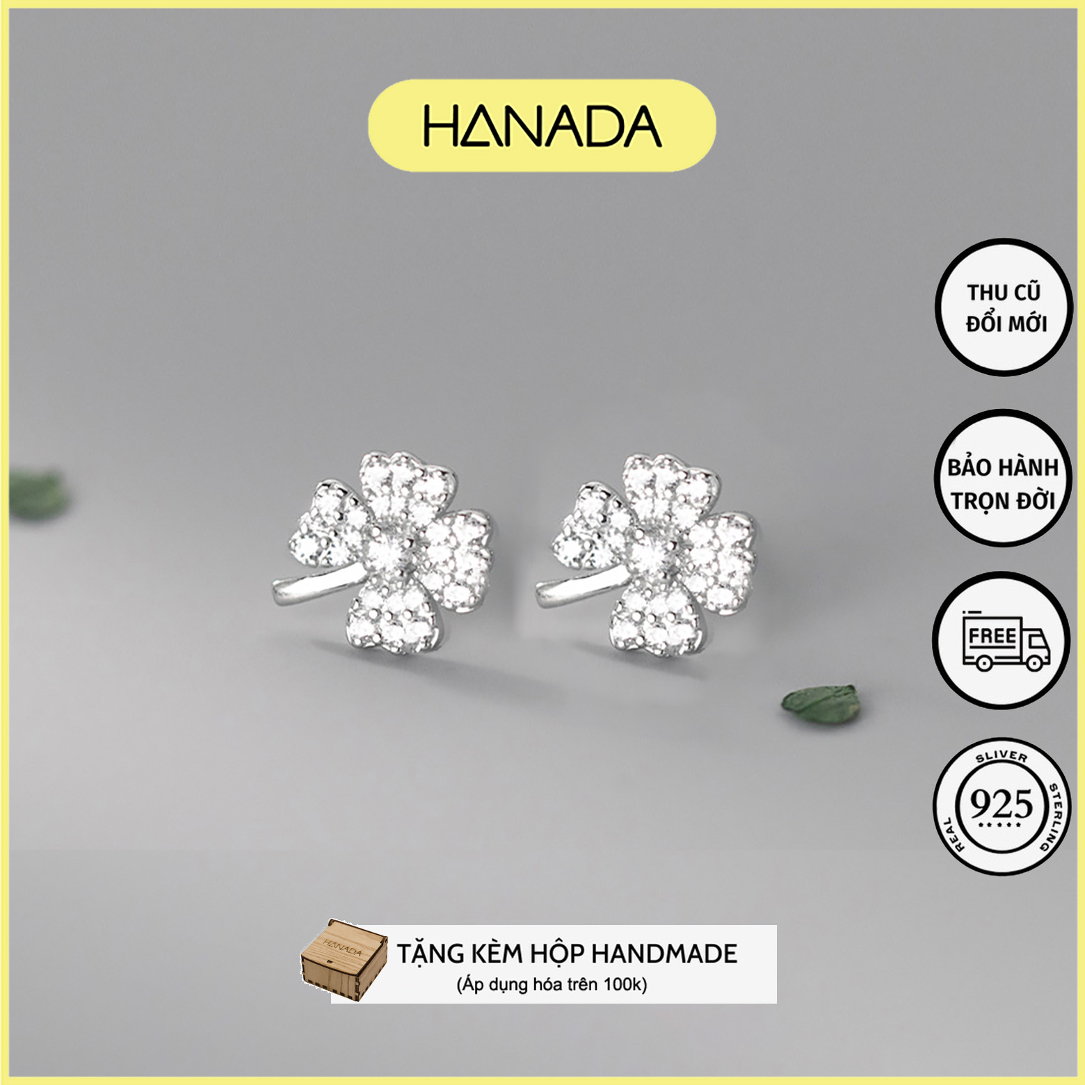 Bông tai bạc 925 hanada cỏ 4 lá may mắn đính đá đơn giản, hoa tai lấp lánh 0800