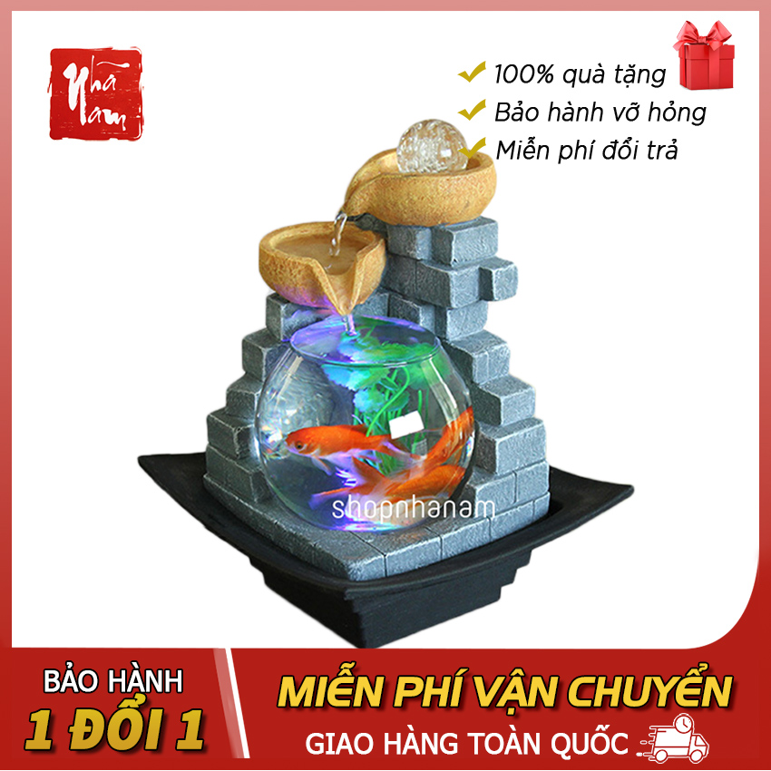 Thác nước phong thủy hồ cá cảnh mini cối đá tài lộc, tặng máy bơm và bộ phụ kiện Phong Thủy Nhã Nam