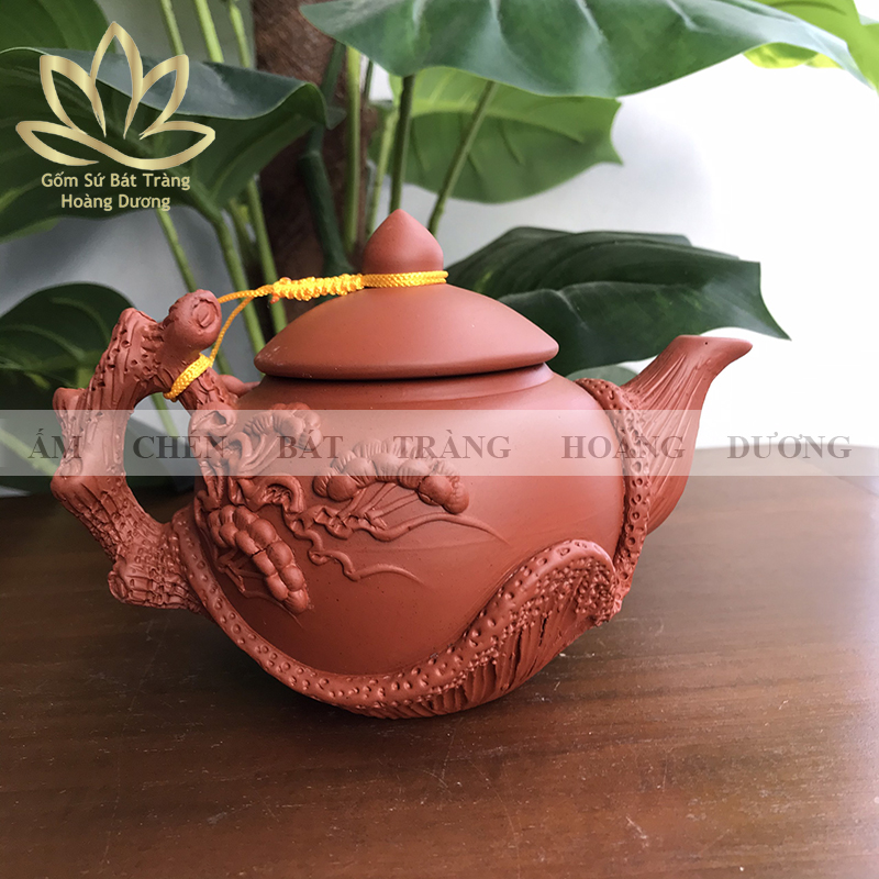 Ấm pha trà Bát Tràng đất nung tử sa cây tùng 400ml màu đỏ
