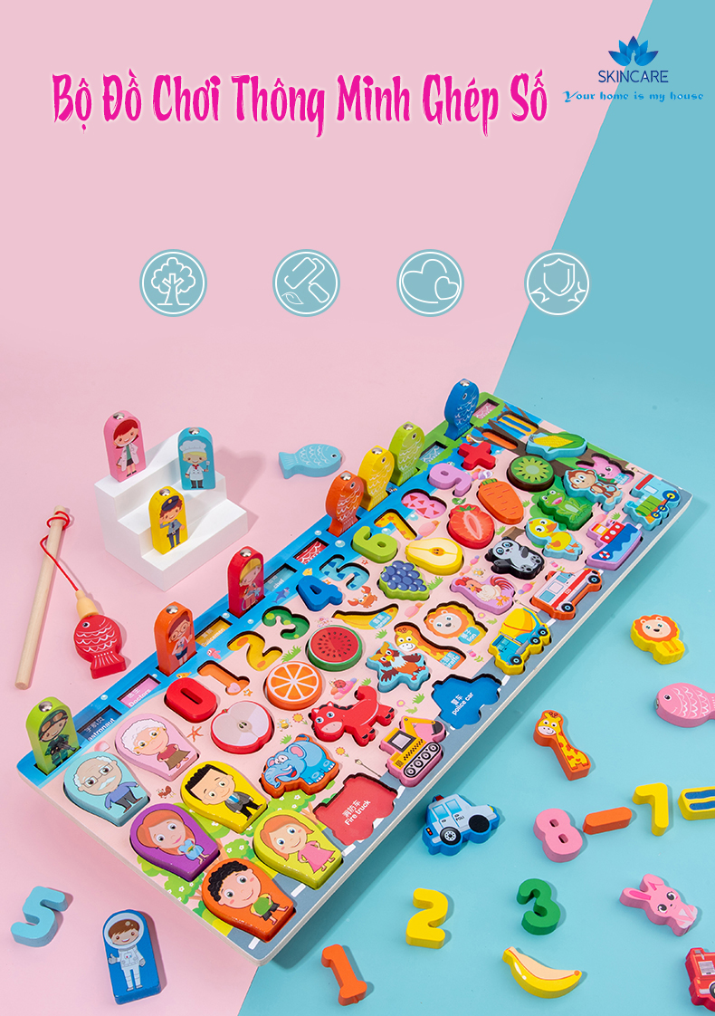 Bảng học thông minh cho bé, Bộ Đồ Chơi Thông Minh Ghép Số, Ghép Hình, Câu Cá Montessori Bằng gỗ - Rèn luyện kĩ năng tự học, học mà chơi.