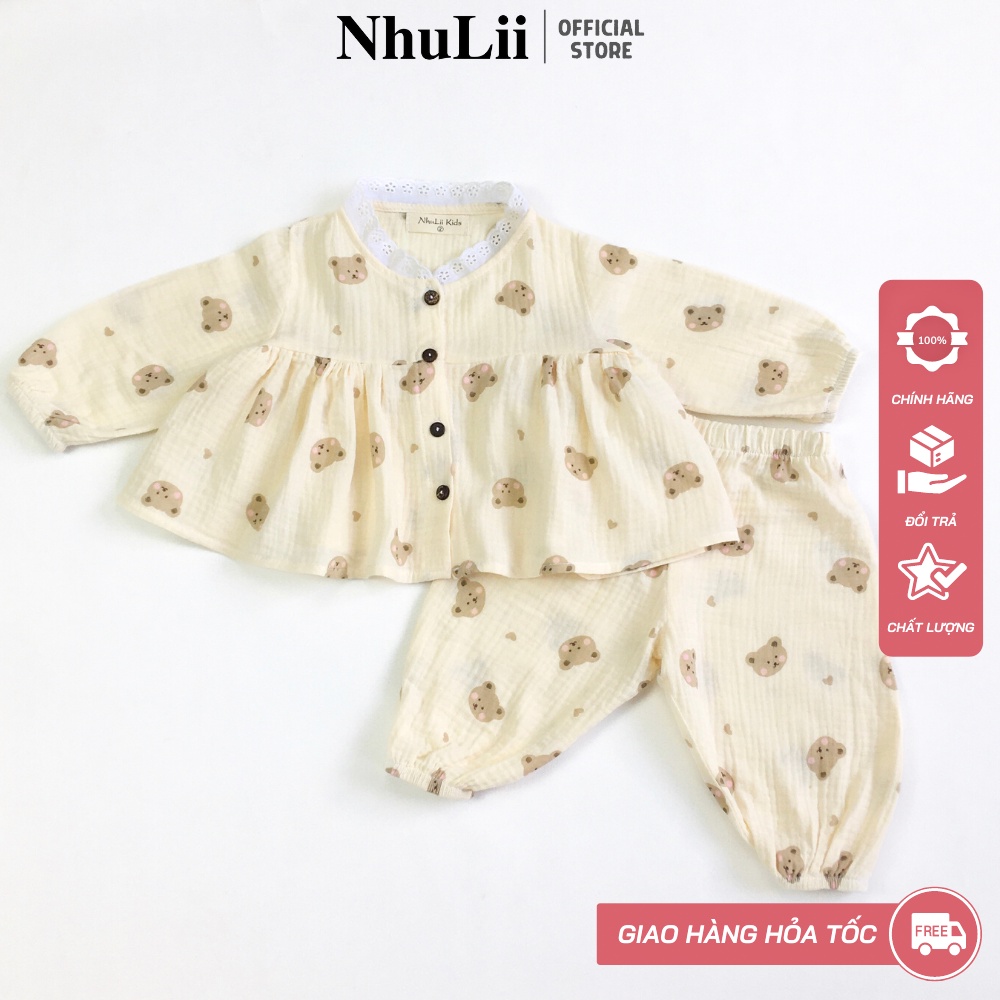 Đồ bộ bé gái NHULII Quần áo dài tay xô muslin cao cấp hoạ tiết dễ thương cho bé 7 đến 17 kg NI017