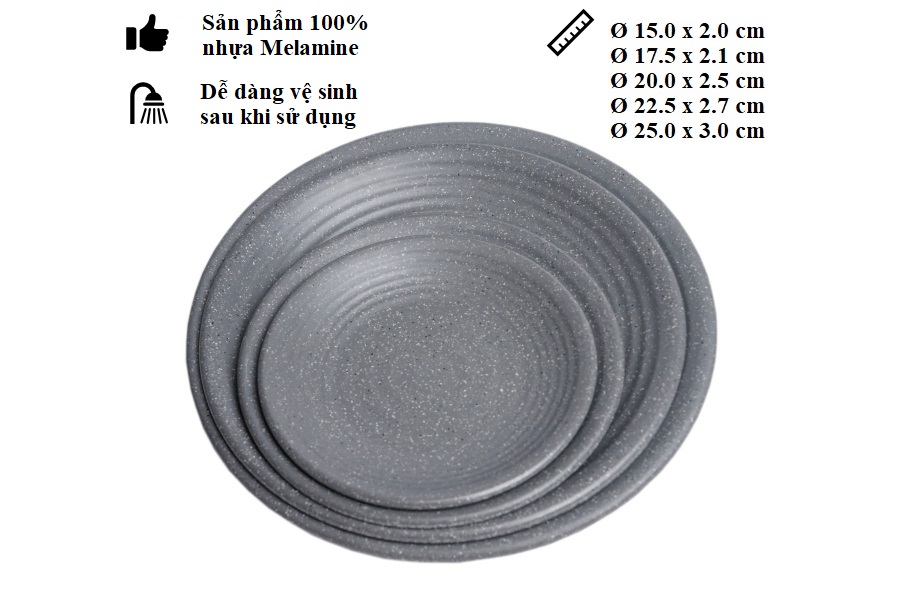 Bộ 10 dĩa tròn gân nhựa Melamine nhám xám nhiều Size