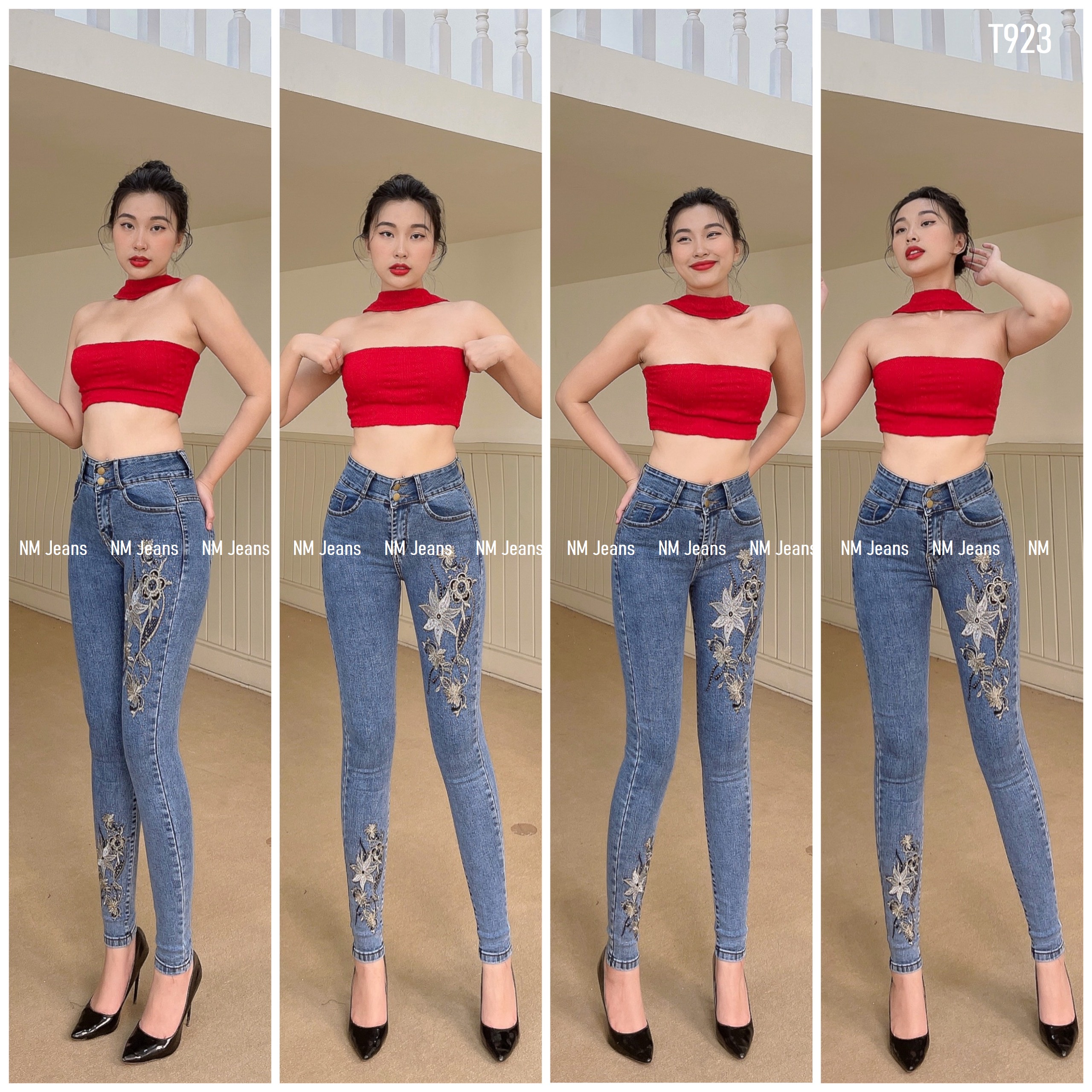 Quần jean nữ lưng cao thêu hình hoa ngôi sao vải dày dặn T923