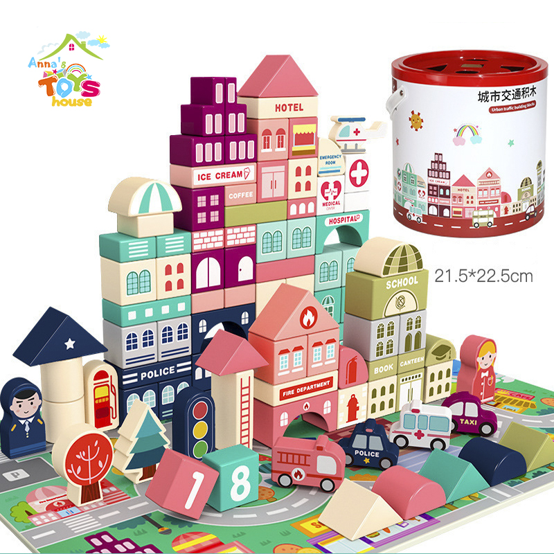 Bộ đồ chơi xếp hình xây dựng thành phố bằng gỗ