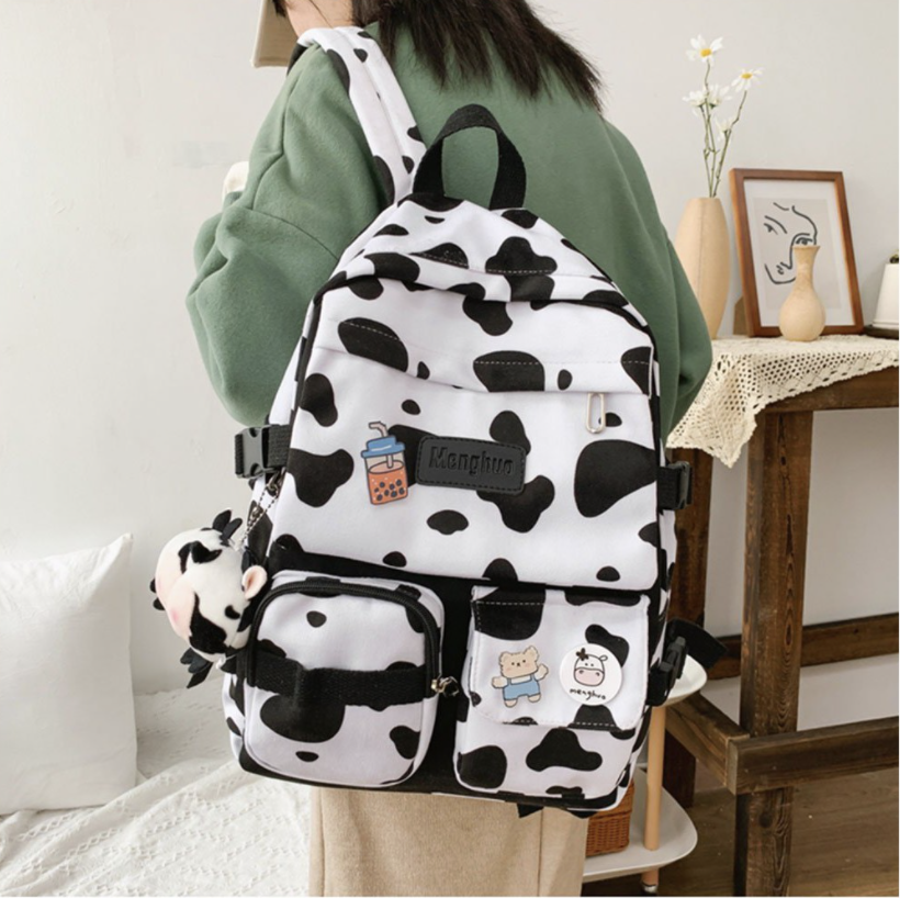 Balo Ulzzang học sinh hoạ tiết bò sữa đựng nhiều tập sách Laptop 15inch
