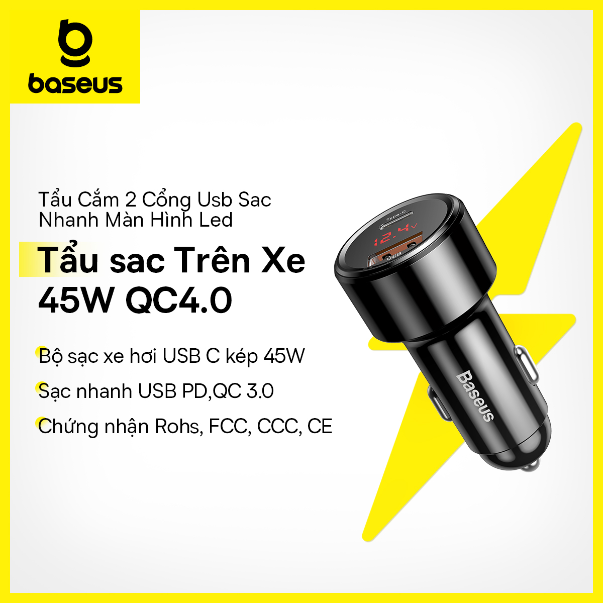 Tẩu sạc điện thoại xe hơi Baseus 45W sạc nhanh QC 4.0 3.0 PD AFC SCP cho Xiaomi Mi 9 Redmi Note 7 Pro/ Huawei P30