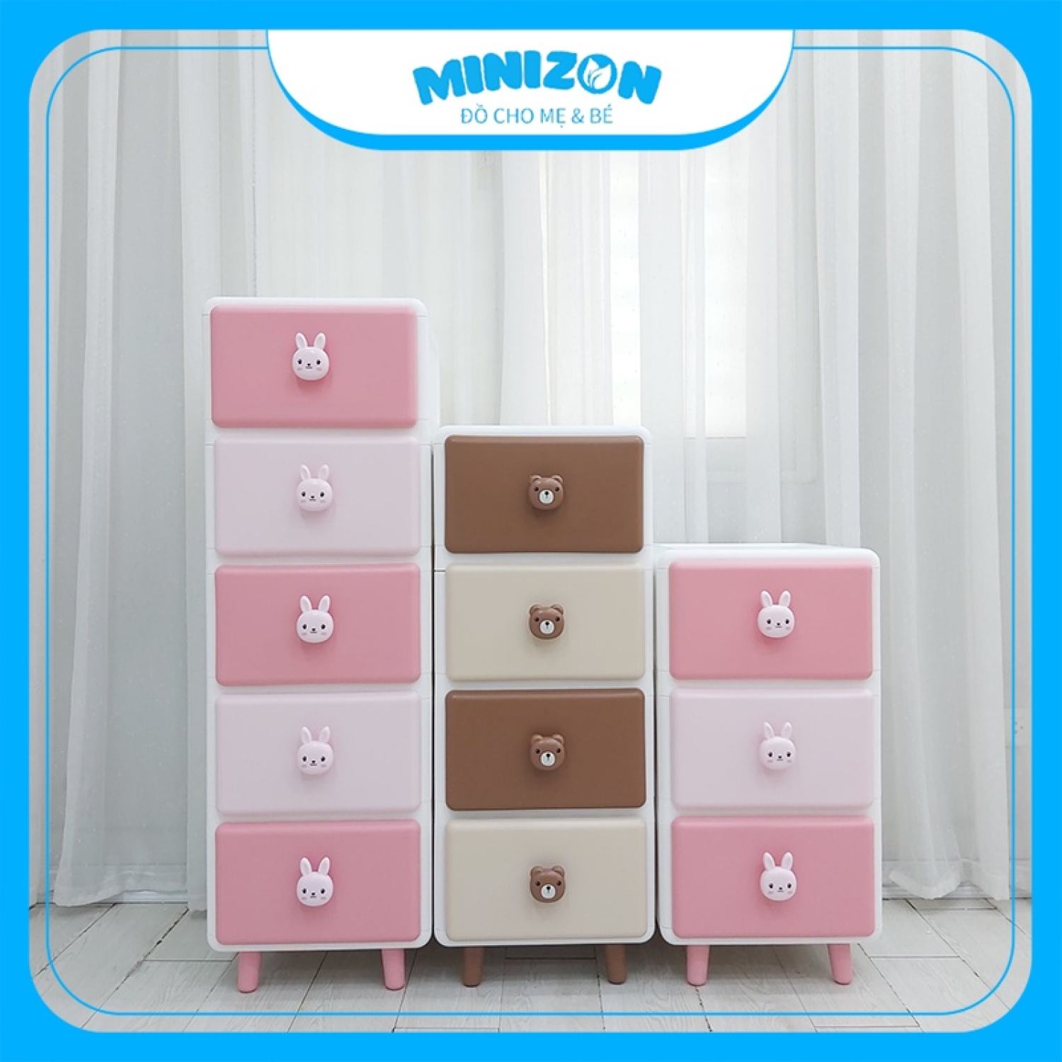 Tủ Nhựa Ngăn Kéo Holla Gấu Thỏ 3-4-5 Tầng Cao Cấp | Minizon Kids