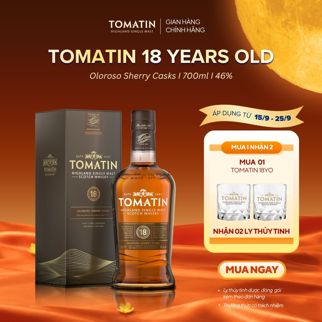 Rượu TOMATIN Highland Single Malt Scotch Whisky 18YO Nồng Độ Alc 46% 700ml [Có kèm hộp]