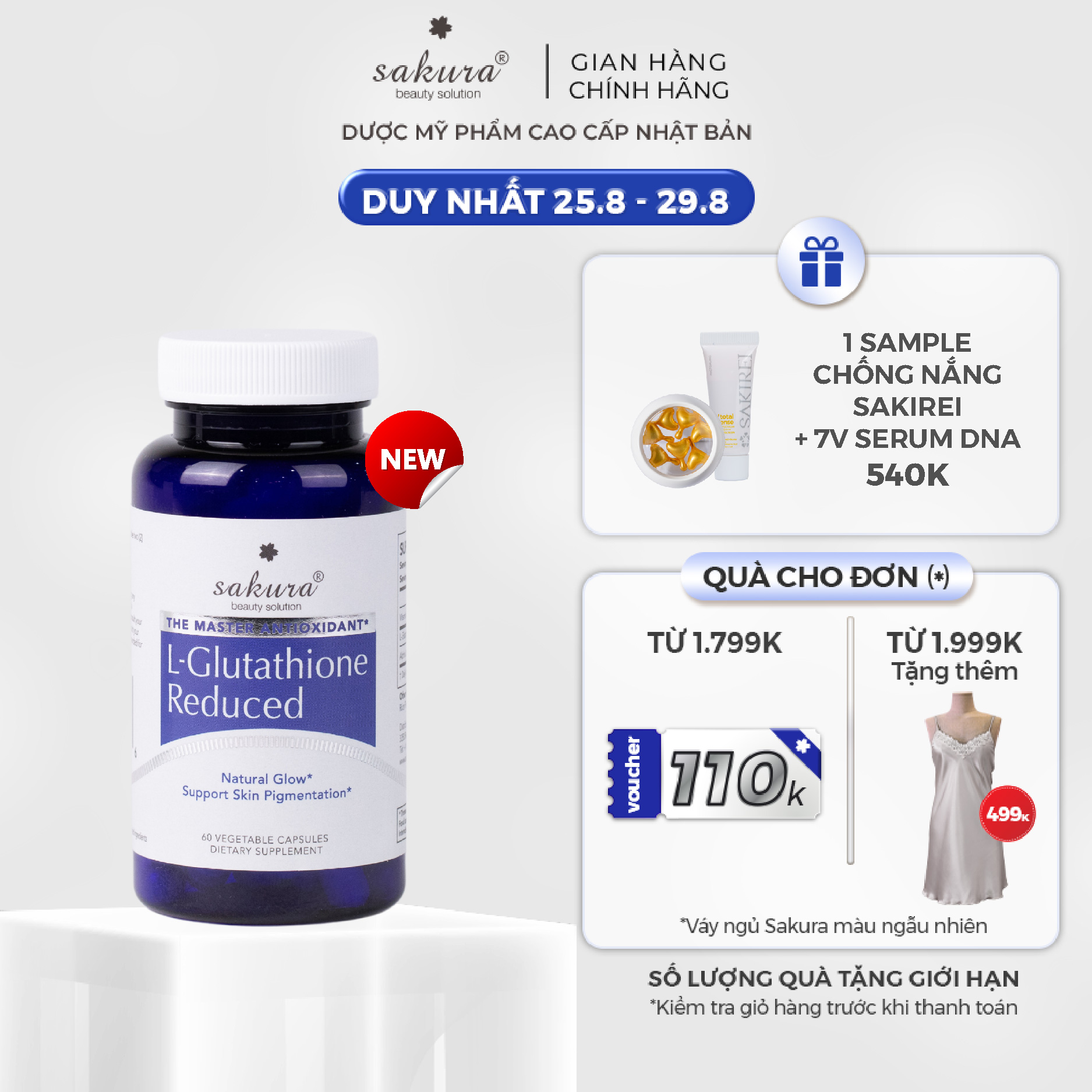 Viên uống trắng da chống lão hóa Sakura L- Glutathione Reduced 60 viên