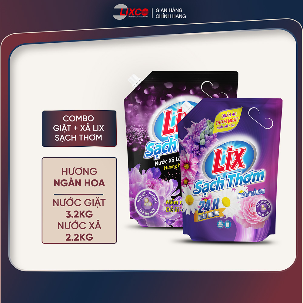 Combo nước giặt 3,2kg và nước xả 2,2kg hương ngàn hoa lưu hương 24h N7409+ 17702 Lixco Việt Nam
