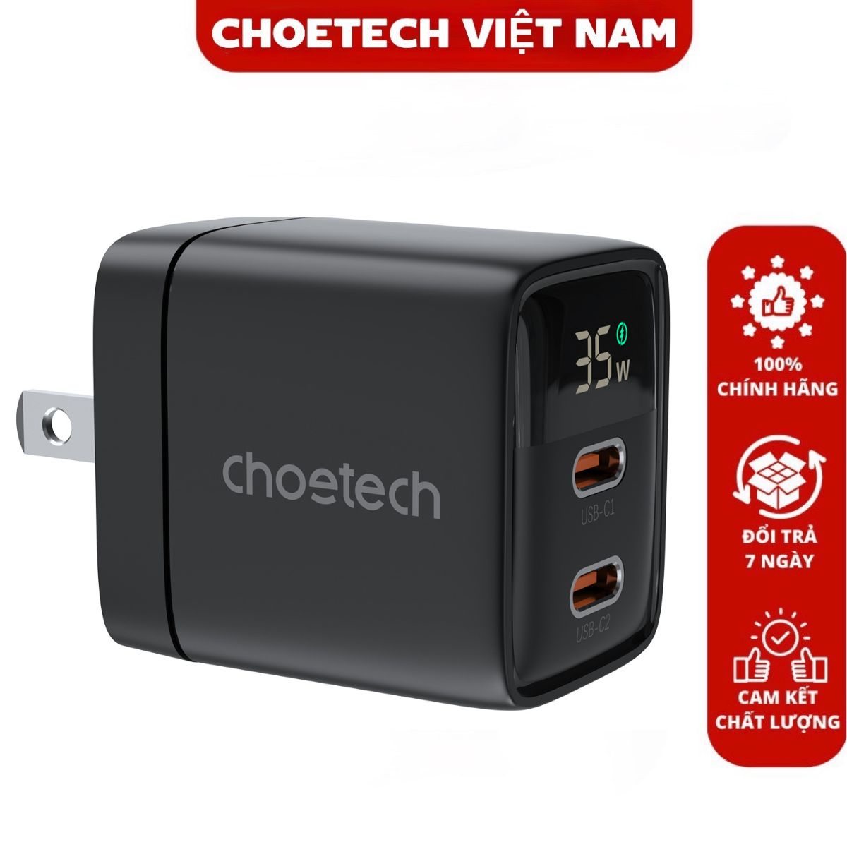 Củ sạc nhanh Choetech PD6051 2 cổng PD 35W có màn hình LED hiển thì thông số sạc (Hàng chính hãng)