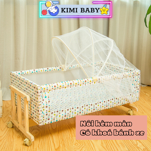 Nôi gỗ cho bé đung đưa ru ngủ êm ái. Nôi cho bé sơ sinh  kèm màn và bánh xe di chuyển dễ dàng. Nôi em bé, Nôi cũi siêu tiện lợi-KIMIBABY
