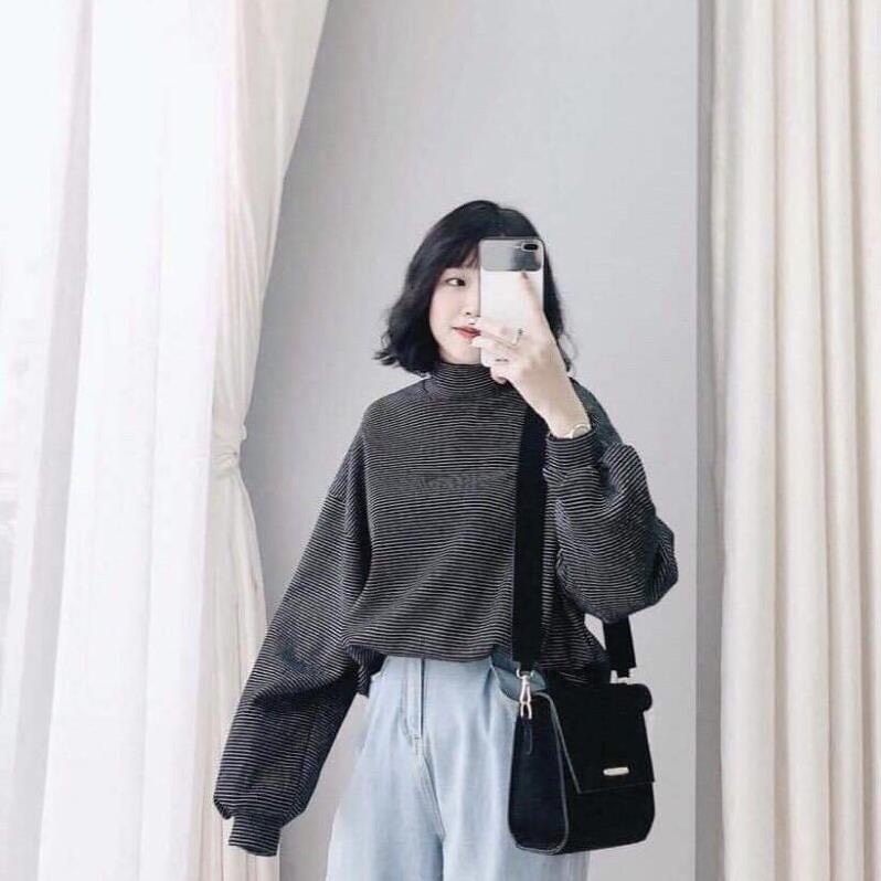 Áo Nỉ Kẻ Cổ Lọ Tay Bom , Thiết Kế Thời Trang Phù Hợp Xu Hướng Hiện Nay, Kiểu Dáng Đa Phong Cách T57