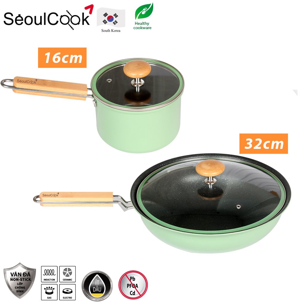 [Hoàn tiền 20%] Bộ 2 nồi chảo cao cấp Seoulcook Luxury, quánh 16 cm + chảo sâu lòng 32cm