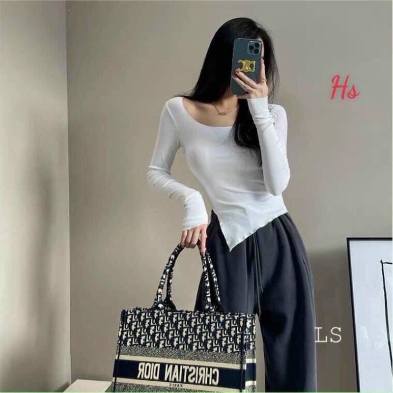 Áo thun nữ ôm body dài tay xẻ tà vạt lệch cổ bèo 3 màu blabloshop