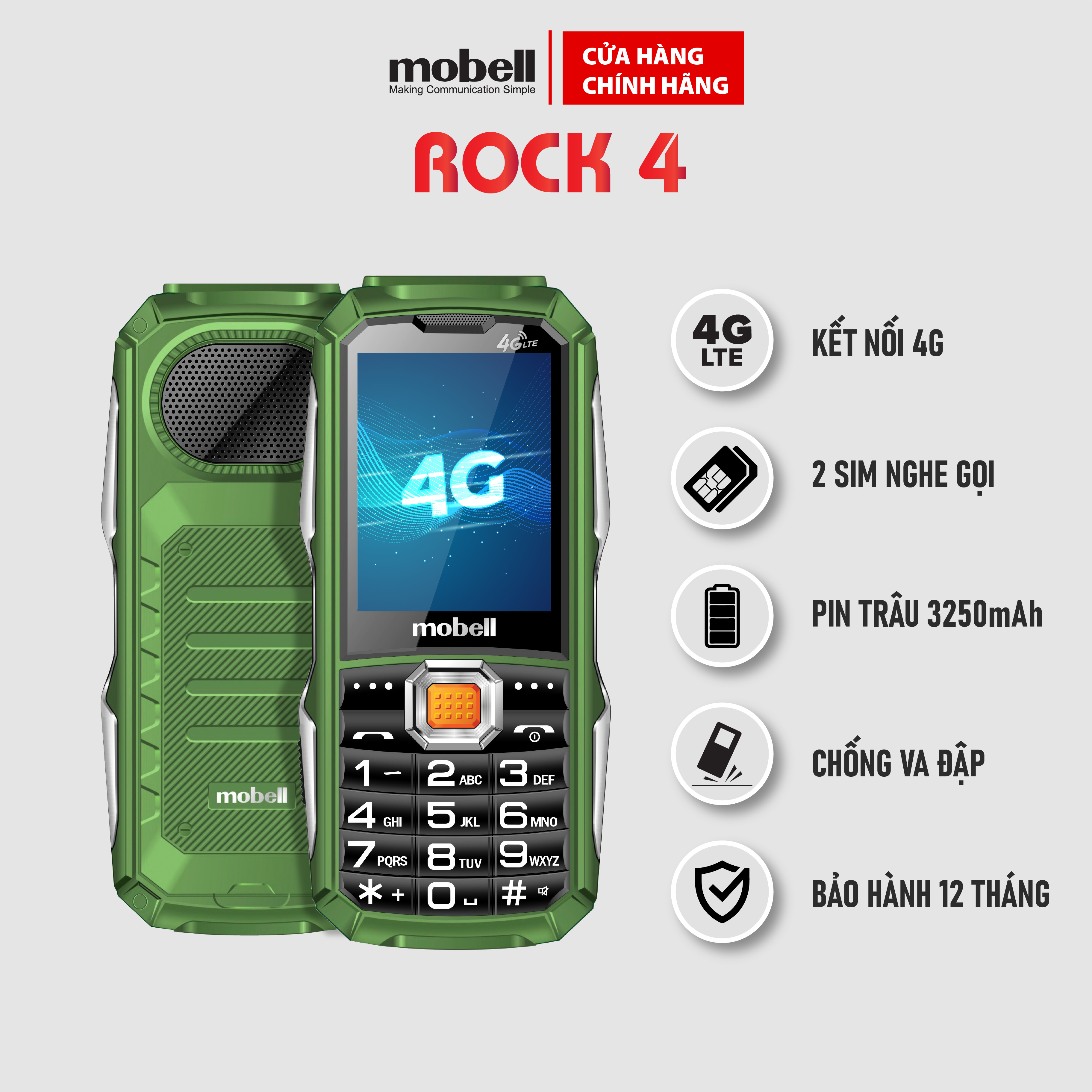 Điện thoại mobell rock4-ol nghe gọi chính hãng 2 sim 4g loa to - pin khủng