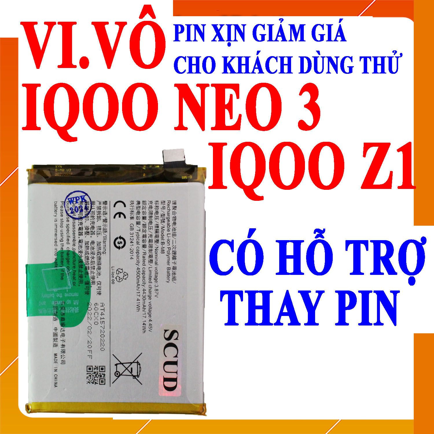 Pin scud cho vivo iqoo neo 3/vivo iq00 neo 3/vivo iqoo z1/vivo iq00 z1 b-m8 4500mah