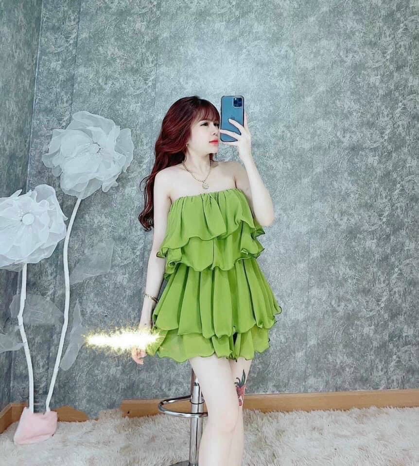 Jum ống trễ vai phối bèo tầng +clip ảnh thật