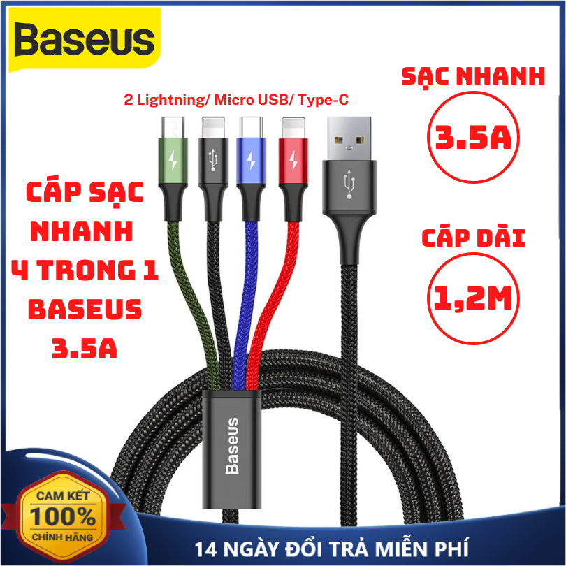 Cáp sạc nhanh 4 trong 1 iphone type c micro usb baseus 3.5a dây sạc nhanh 4 trong 1 cáp sạc 4 đầu sạc nhanh dài 1,2m