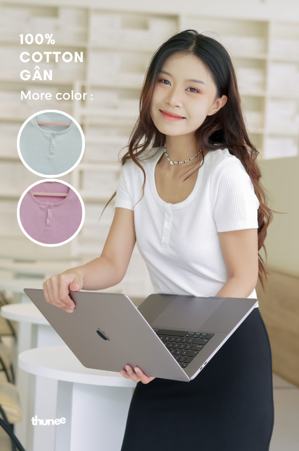 Thunee áo 100% cotton gân cổ vuông có nút - áo nữ ngắn tay